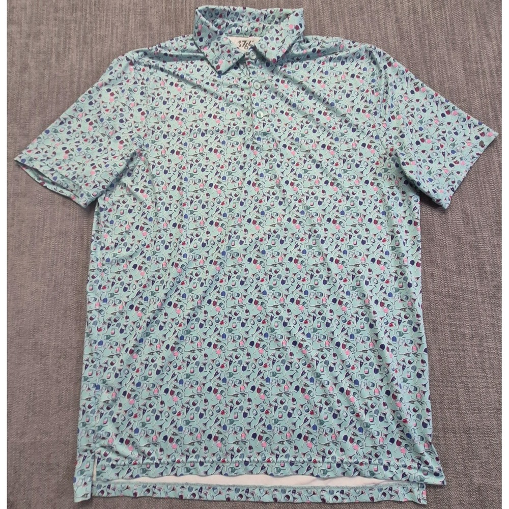1764 men's polo shirt M Mint Green Cocktails/Wine print Stretch golf performance
